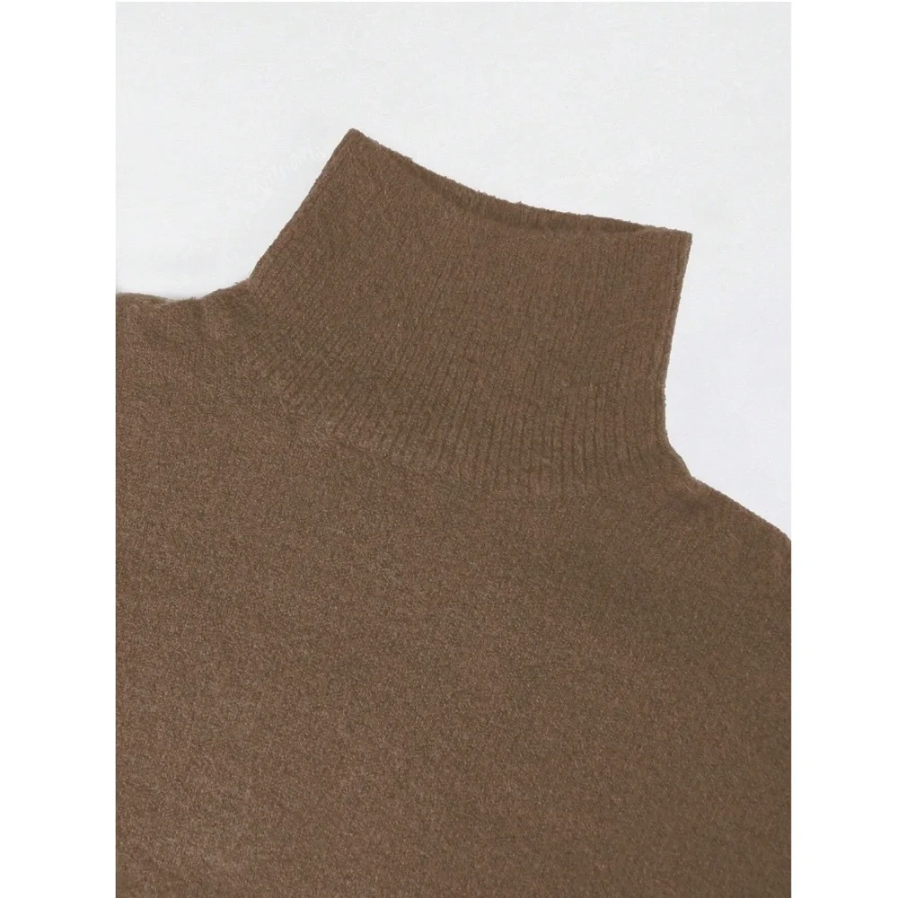 Brown Knit Turtleneck Pullover Sweater Long Sleeve Drop Shoulder